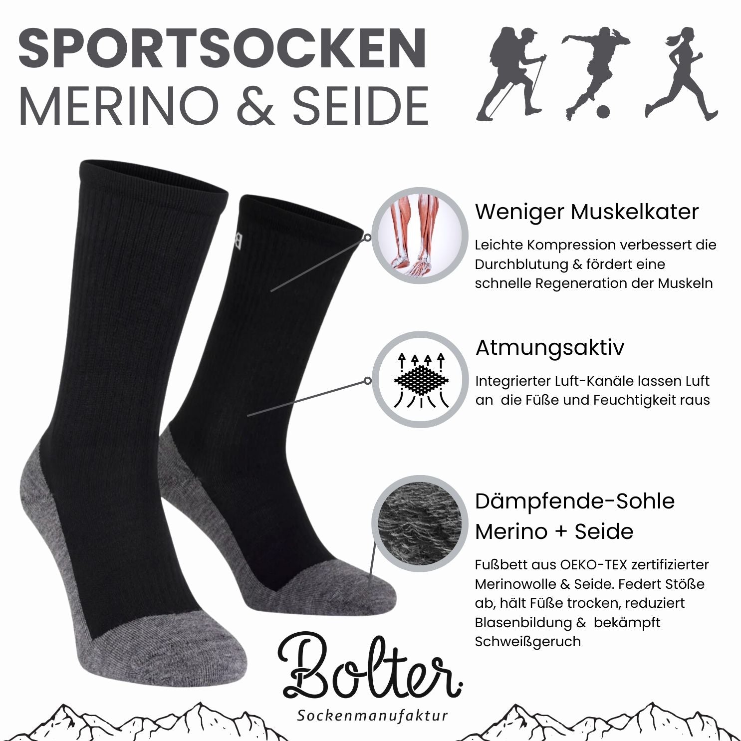 Merino Sportsocken Classic mit Seite und Stützfunktion