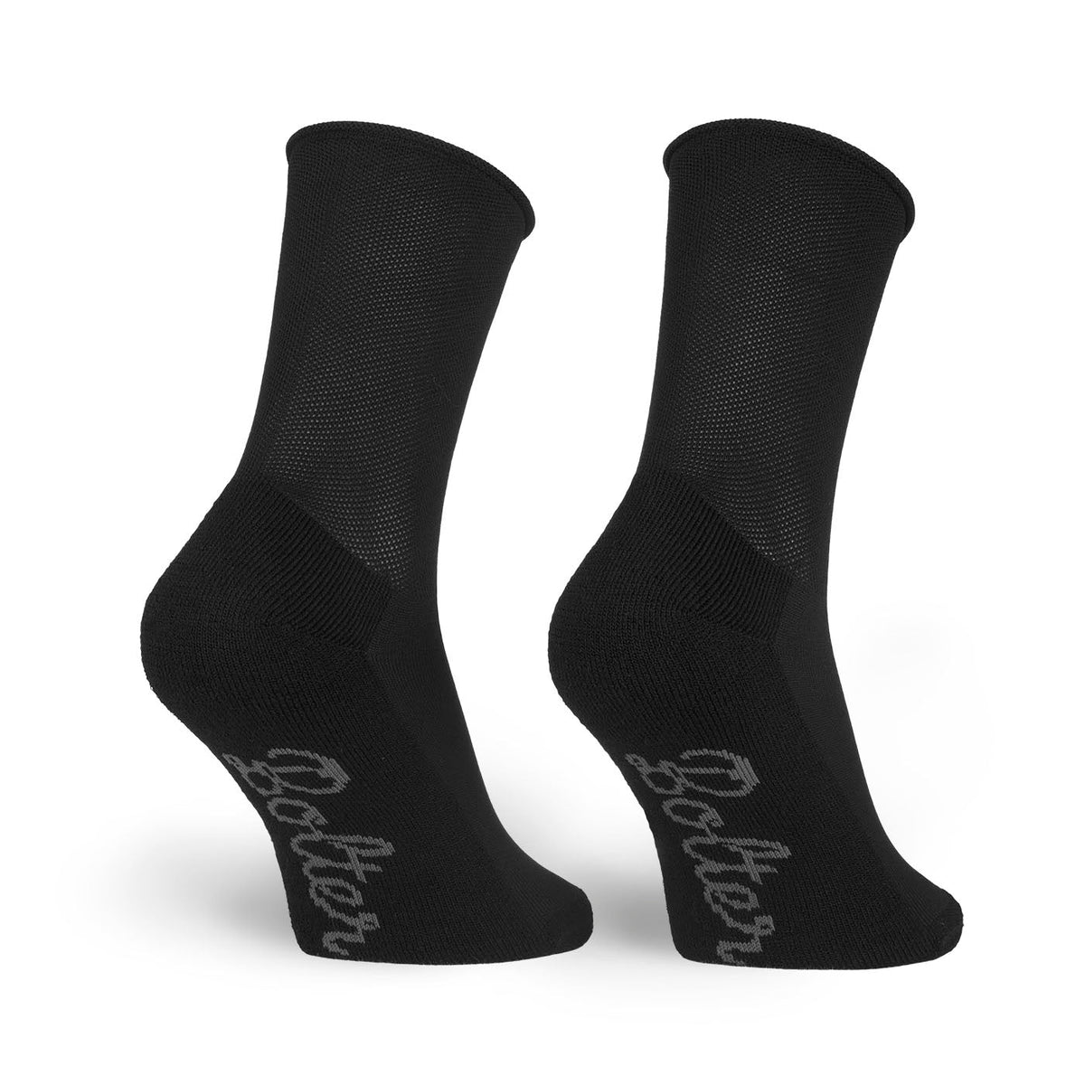 Schwarze Bolter-Socken mit Rollrand und ausgeformter Ferse in der Rückansicht
